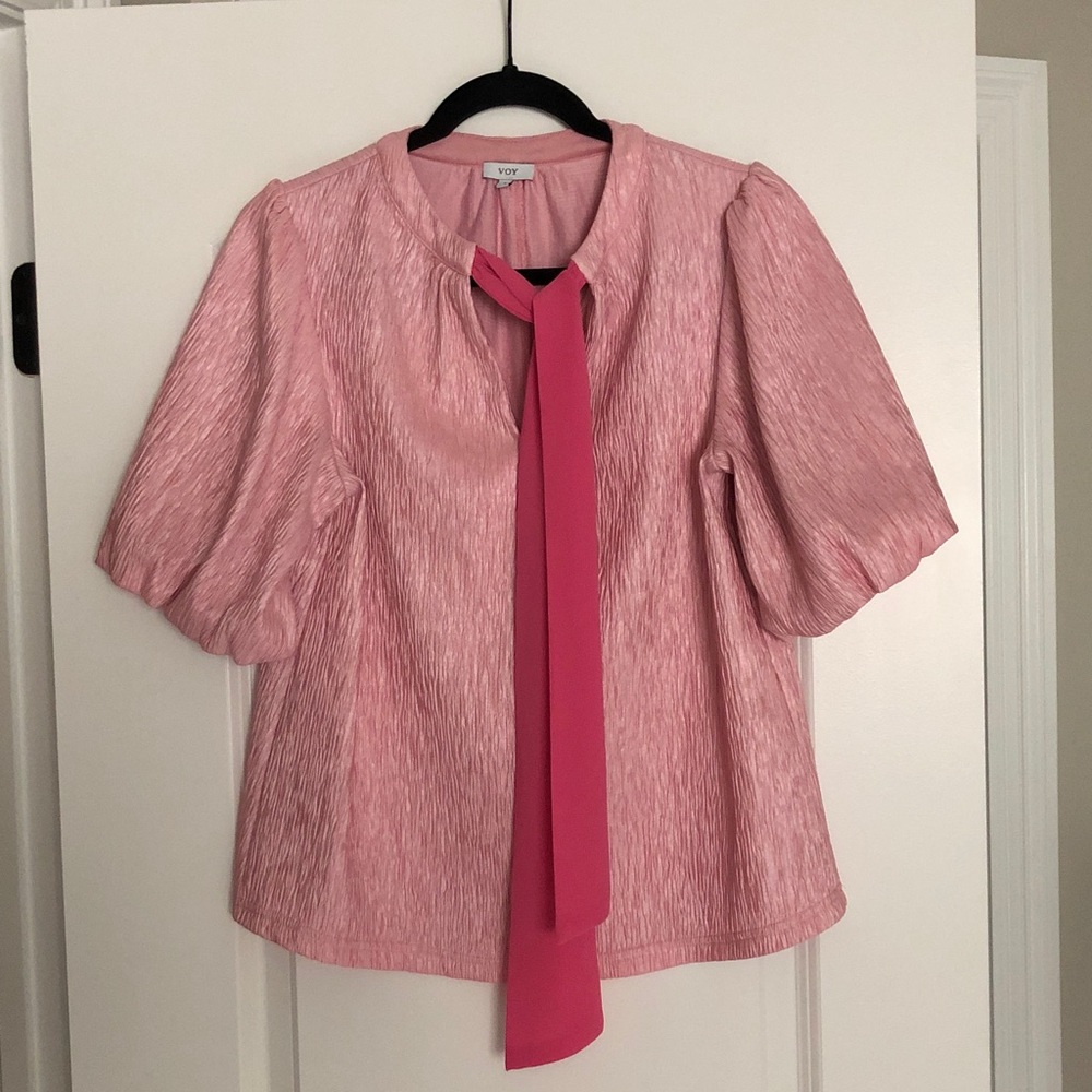Voy elegant contrast Pink Bow Tie coquette office fabulous bubble sleeve S READ - Picture 4 of 11